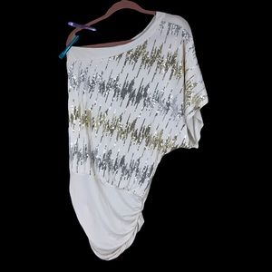 VTG 80s-90s Trixxi Mini Dress White w/Silver and Gold Sequins, Wide Hip Band S